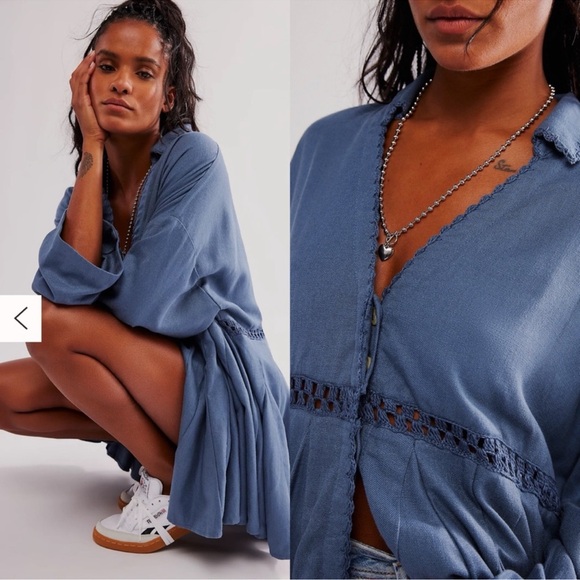 FREE PEOPLE Hazy Baby Blue Mini Dress, Blue Linen, NWT, Fall Staple - Picture 2 of 2